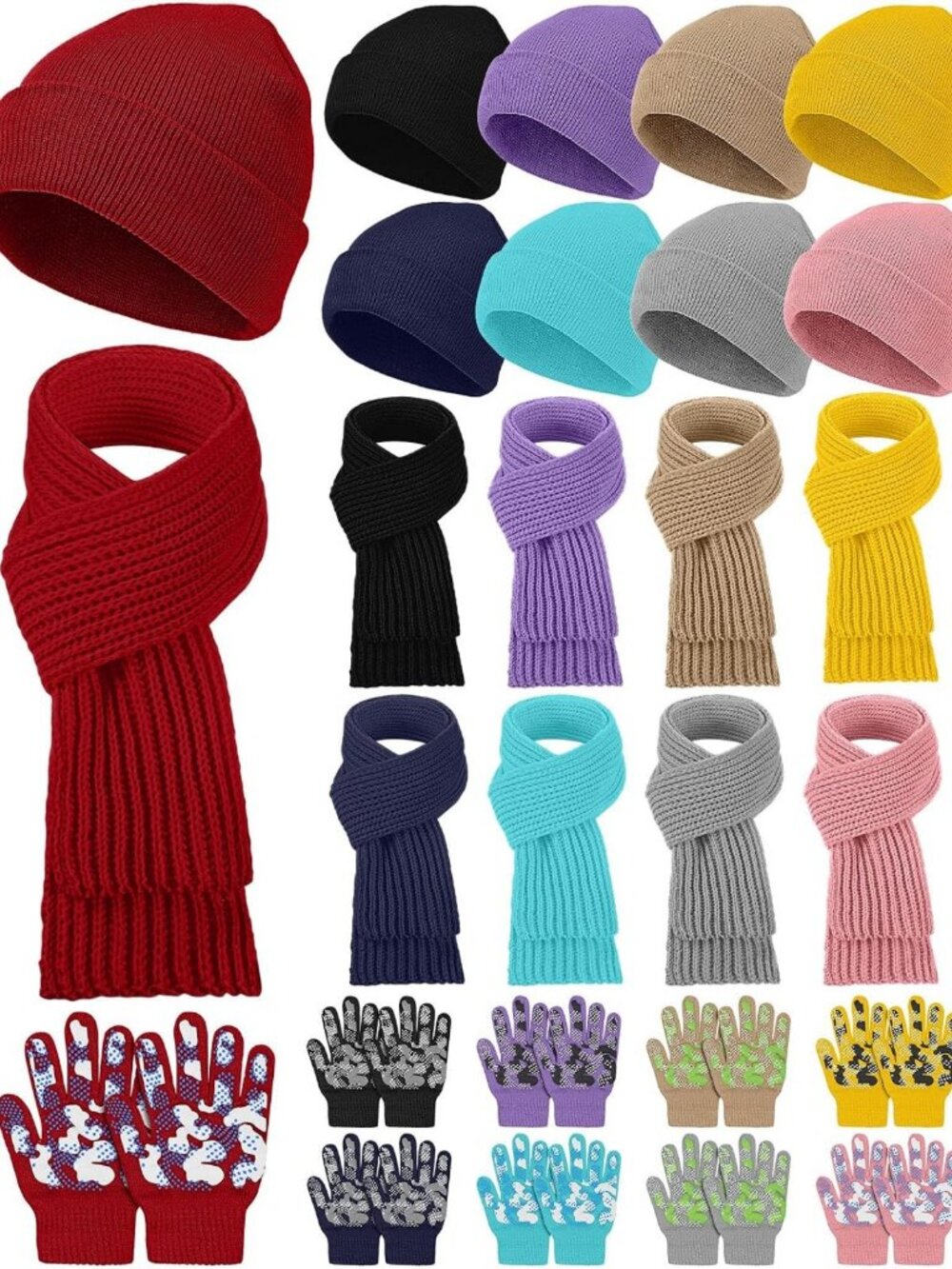 JaGely Kids Hat Gloves Scarf Winter Set, Warm Knitted Beanie Caps Scarves Gloves
